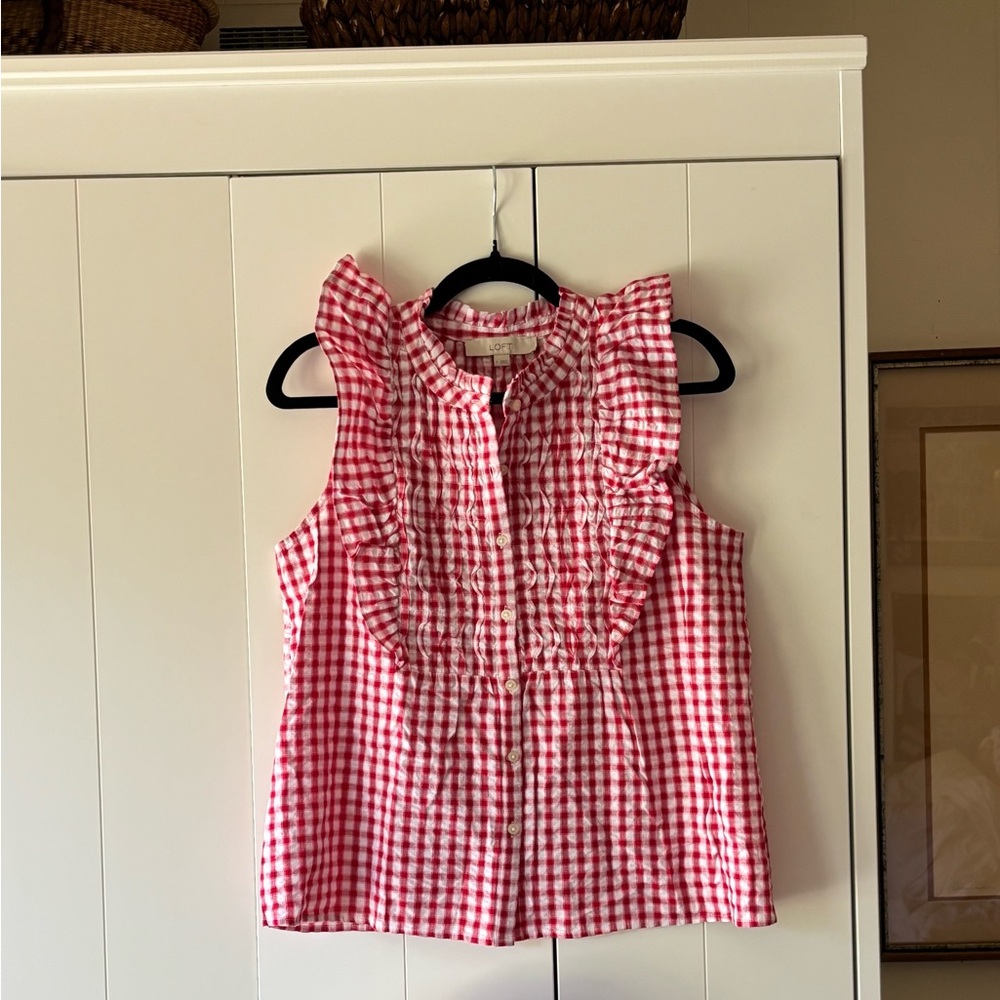 Loft Red Gingham Ruffle Blouse - image 1